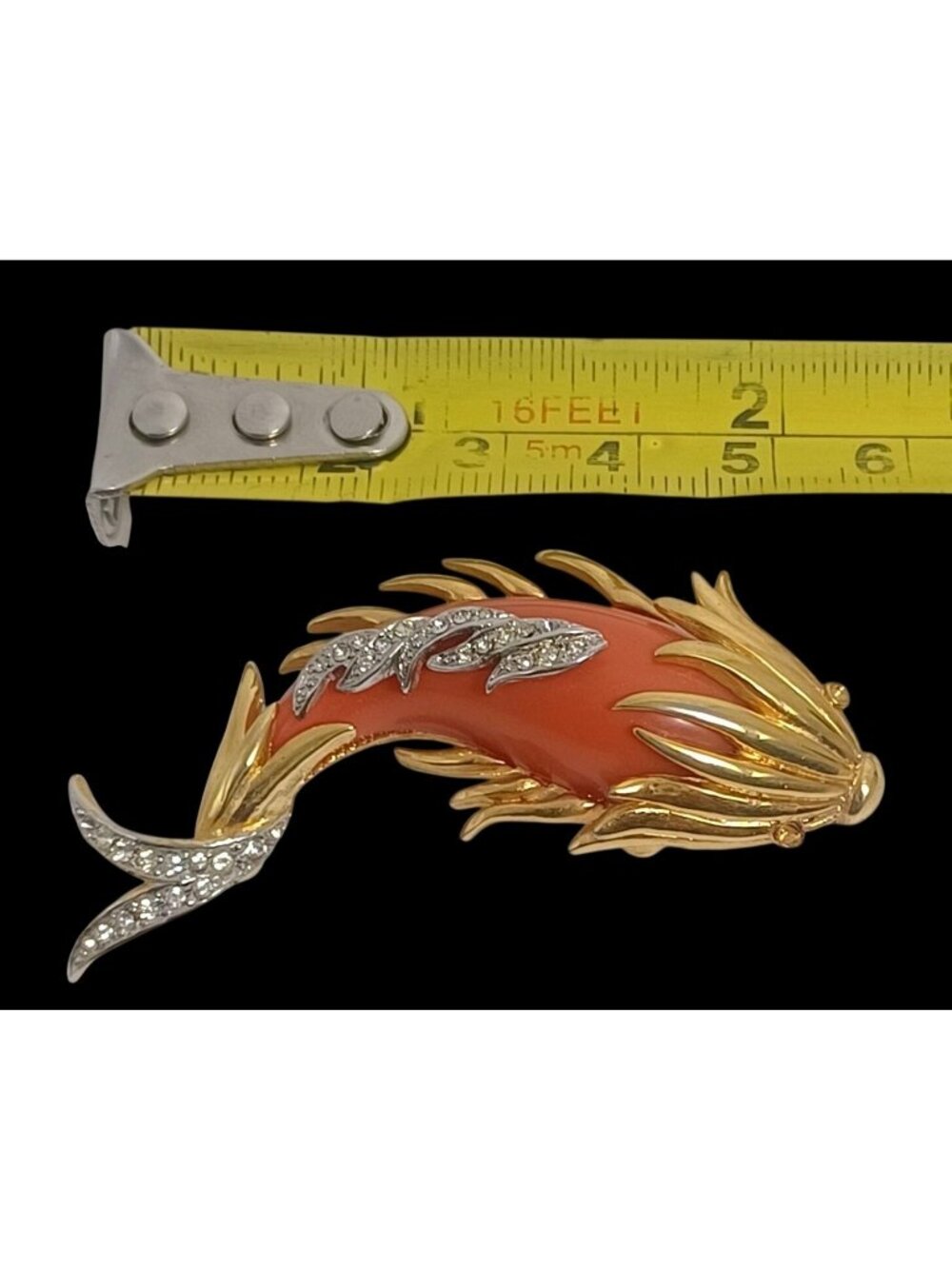 Rare Vintage Brooch Signed Boucher 1005P Coral Lucite Rhinestone Koi Fish Pin